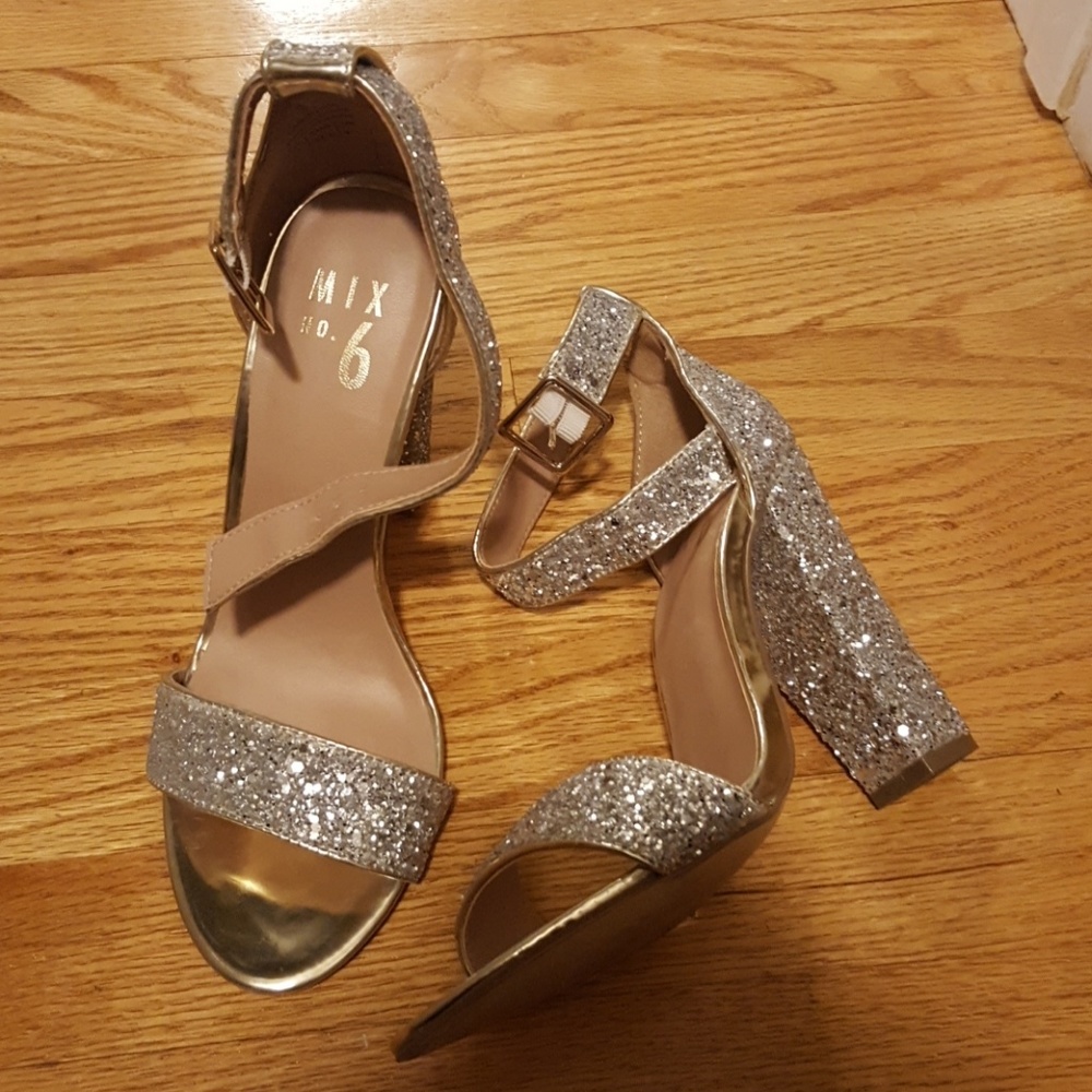 Silver sequin ankle strap heels